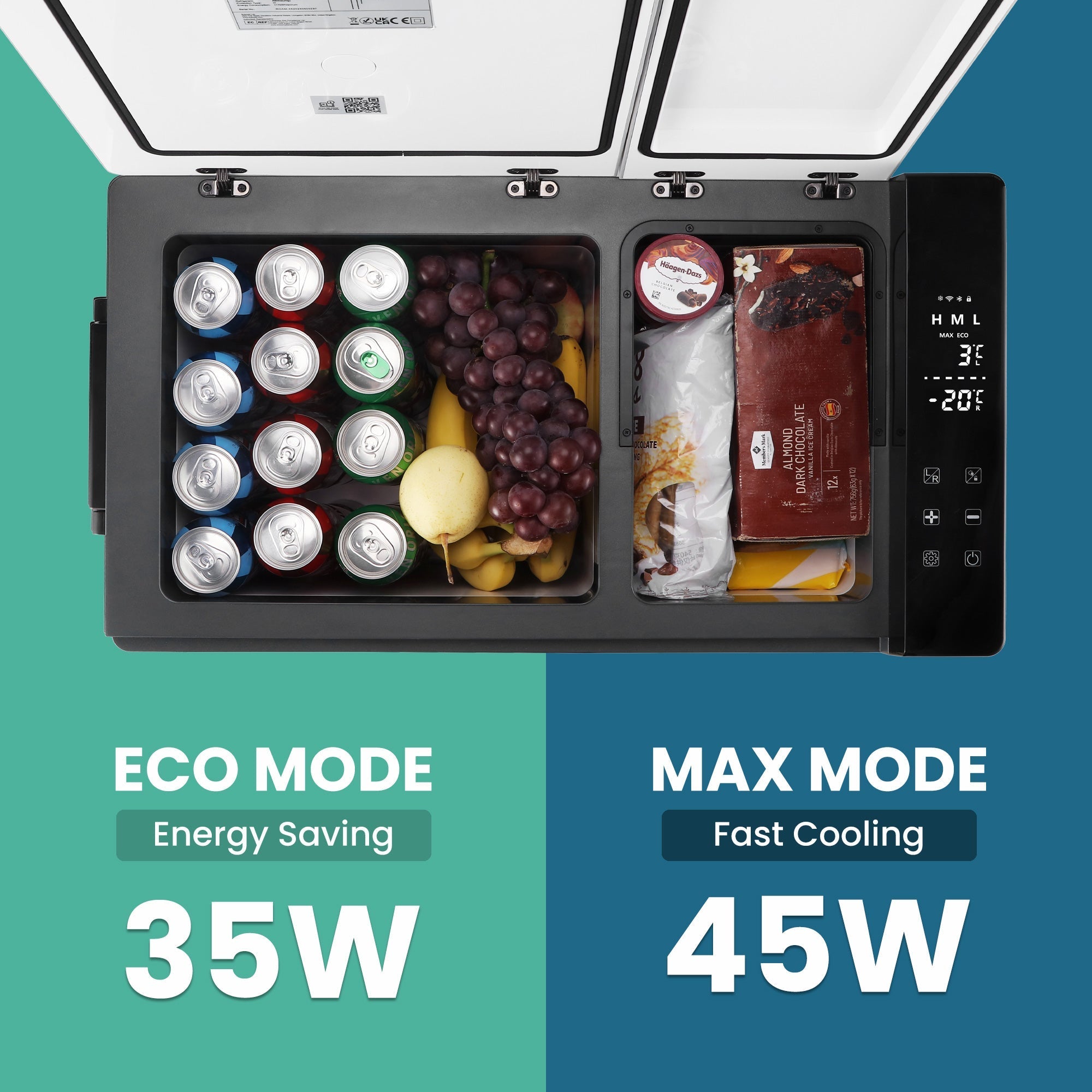Black and white subcold roam-45dz portable car fridge with digital display showing temperature settings