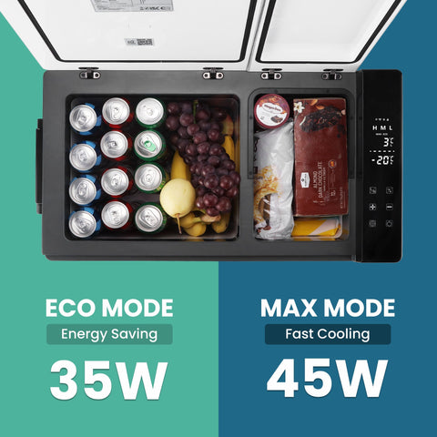 Black and white subcold roam-45dz portable car fridge with digital display showing temperature settings