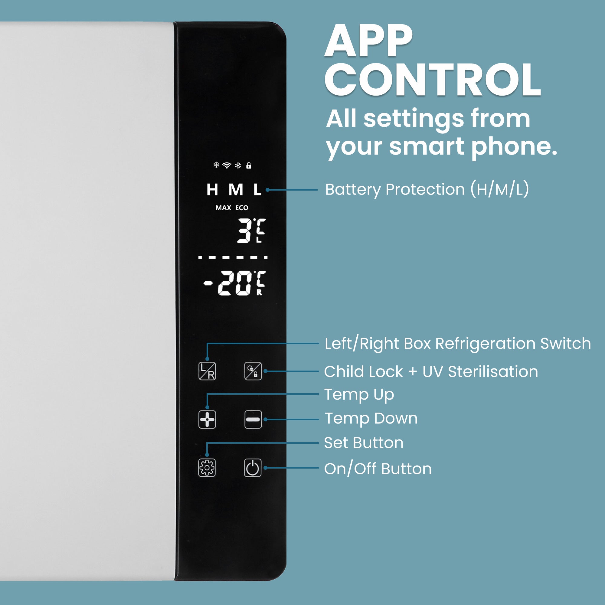Modern white and black smart control panel with digital display showing temperature on subcold roam-45dz portable car fridge