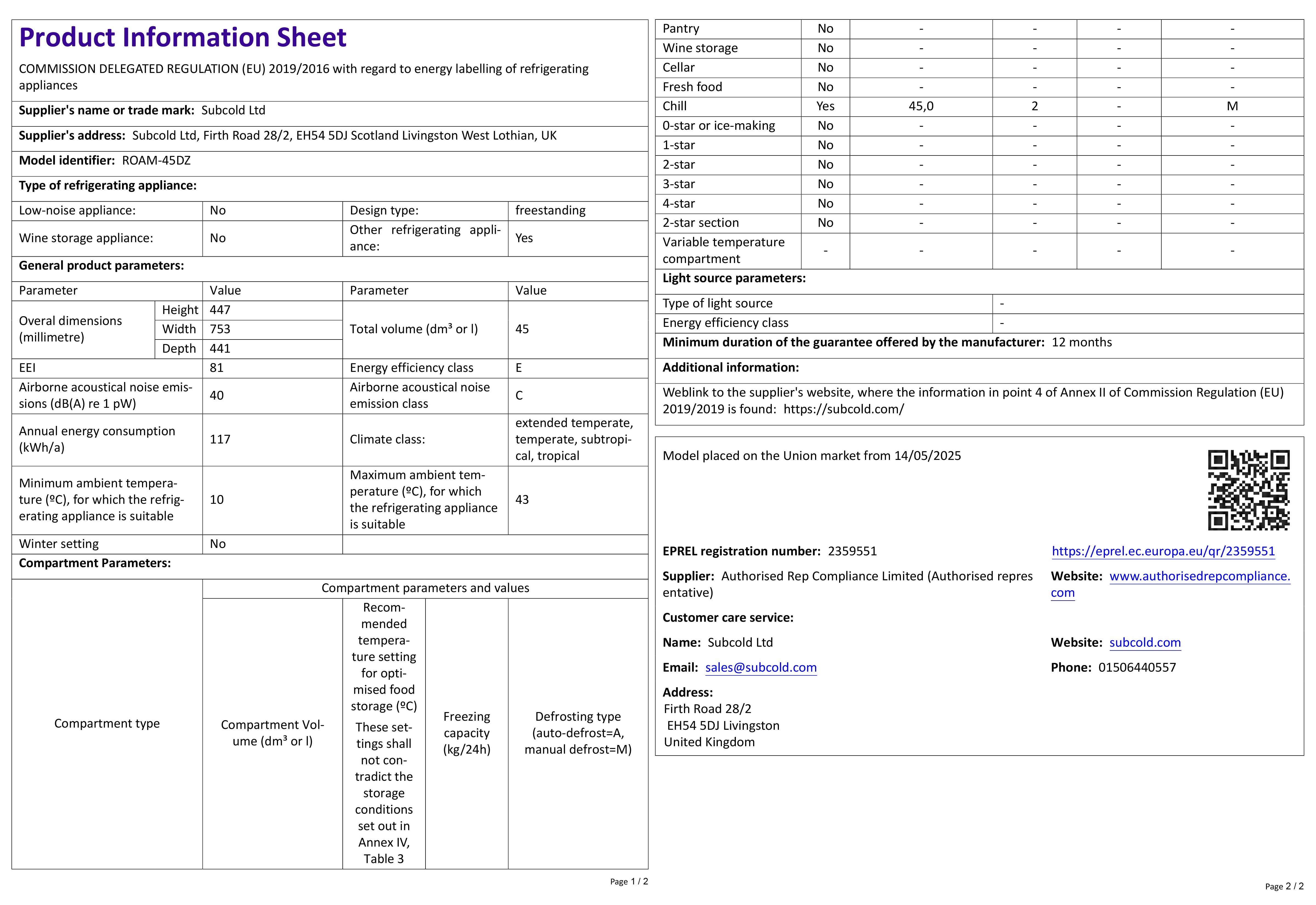 This white rectangular product info sheet shows details for the subcold roam-45dz portable car fridge rdam-4502 model
