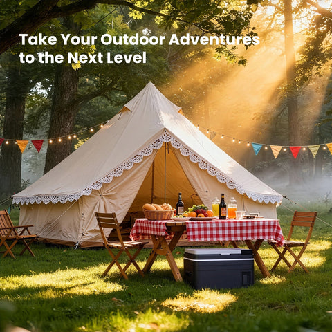 Beige bell tent with delicate white lace trim shown alongside a portable car fridge subcold roam30 for outdoor use