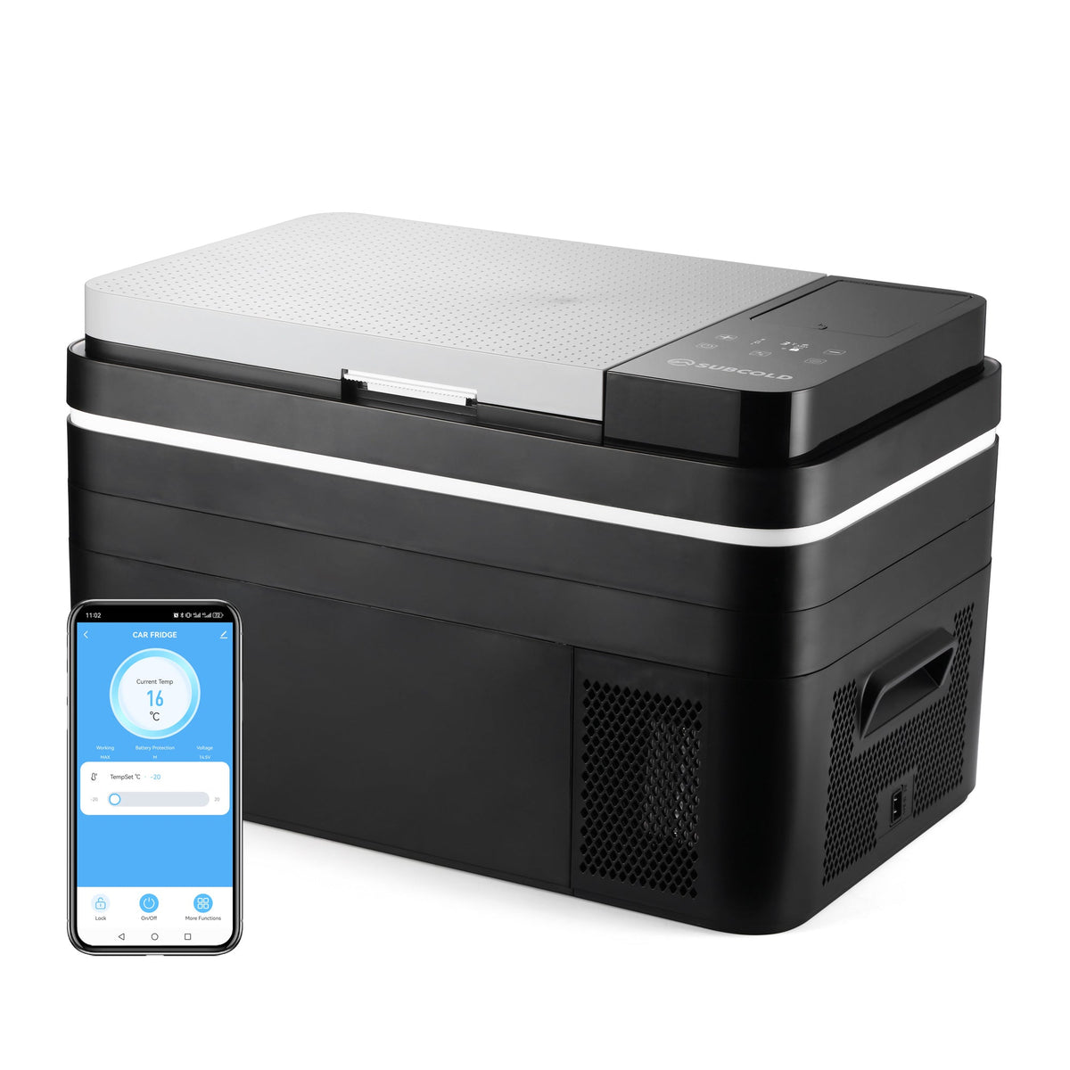 Black and silver subcold roam30 portable car fridge with sleek design and digital control panel on the lid