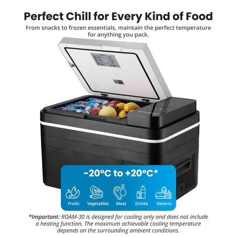 Black and silver subcold roam30 portable car fridge with digital display keeps snacks and drinks cold from minus 20 to 20 c