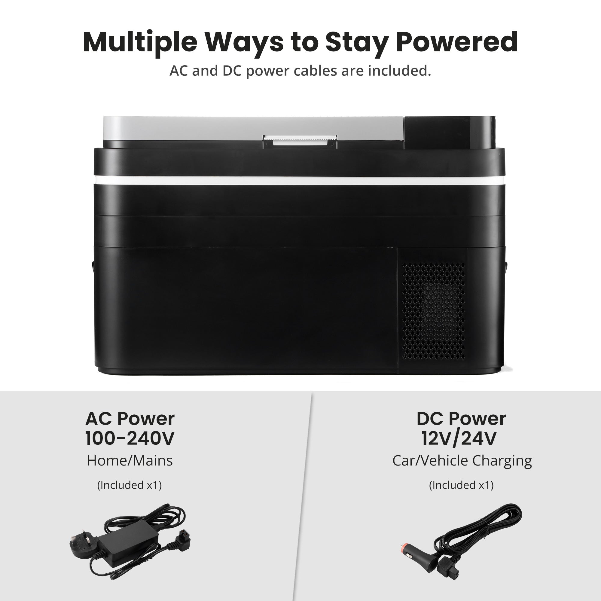 Black and silver subcold roam30 portable car fridge with ac and dc power cables for easy car fridge use