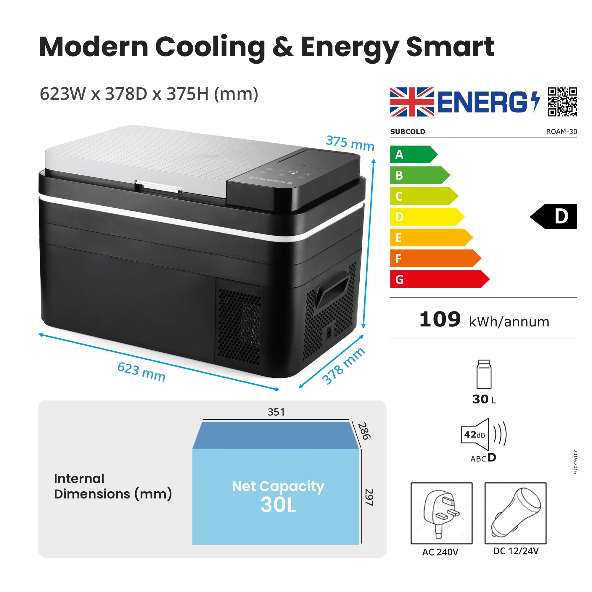 Black and silver subcold roam30 portable car fridge with sleek modern design and digital display on the lid