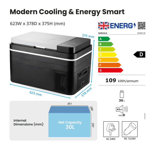 Black and silver subcold roam30 portable car fridge with sleek modern design and digital display on the lid