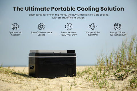 Black and silver sleek rectangular subcold roam30 portable car fridge perfect for on the go cooling