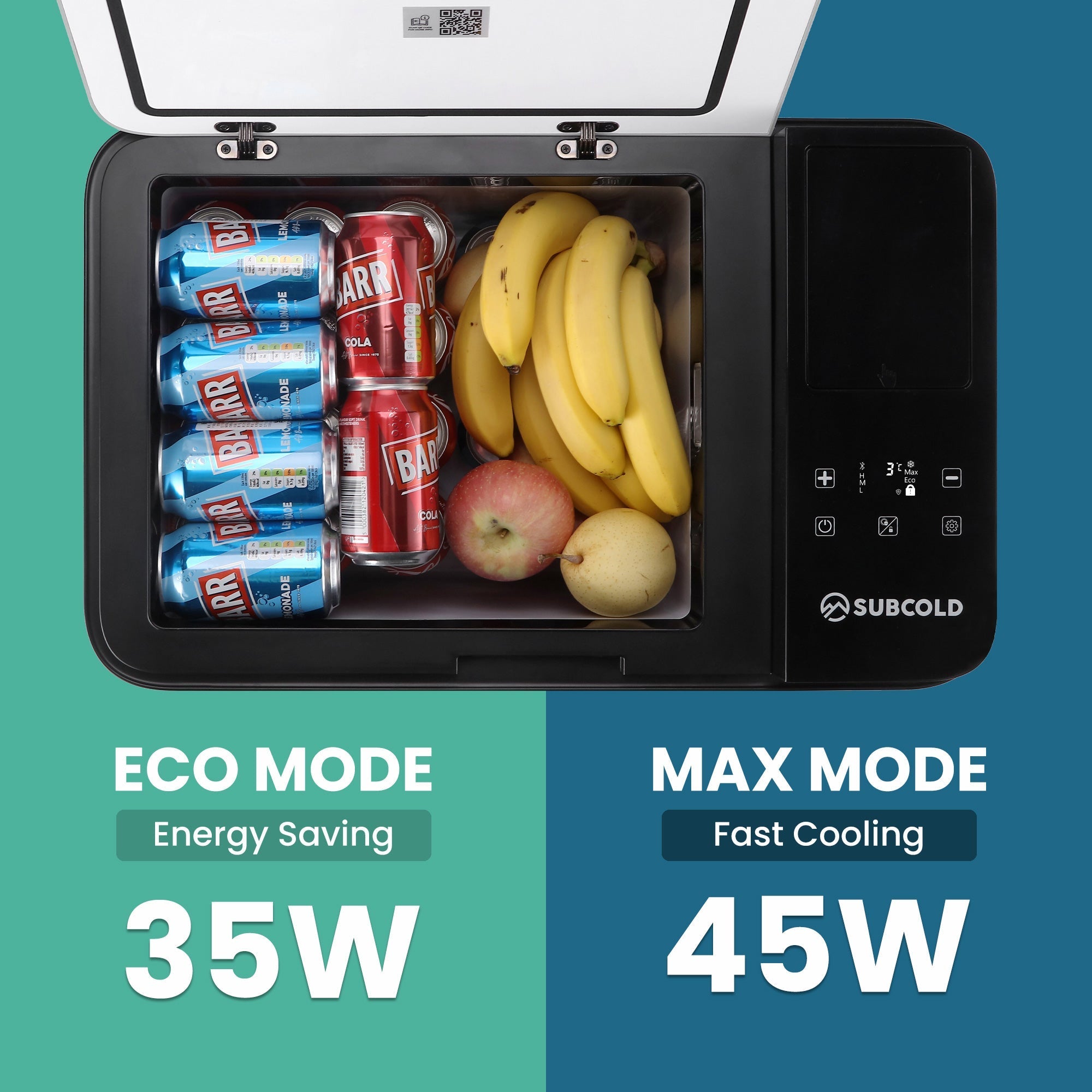 Black and white subcold roam30 portable car fridge with digital control panel showing power modes for easy use