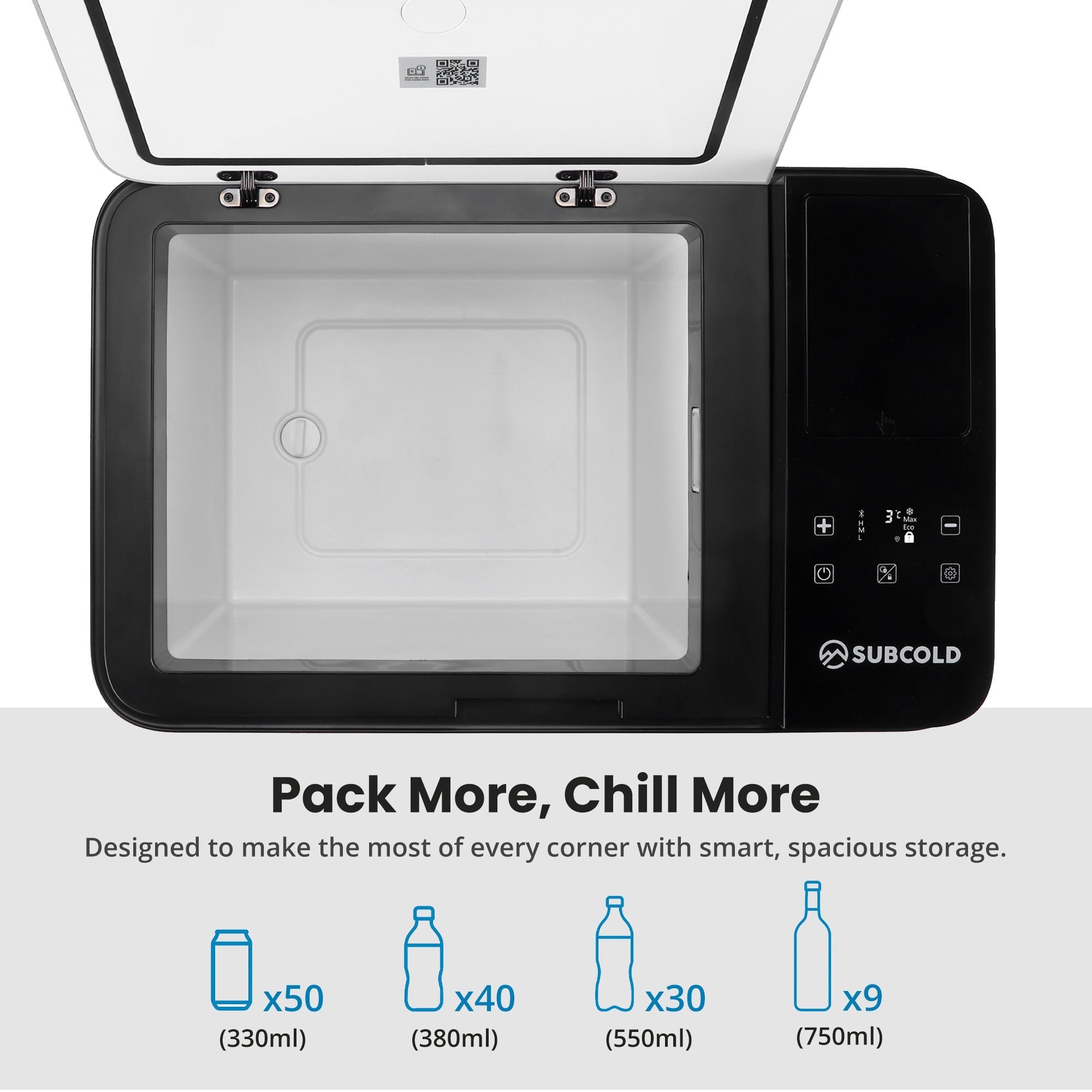 Black and white subcold roam30 portable car fridge with digital control panel for easy temperature settings