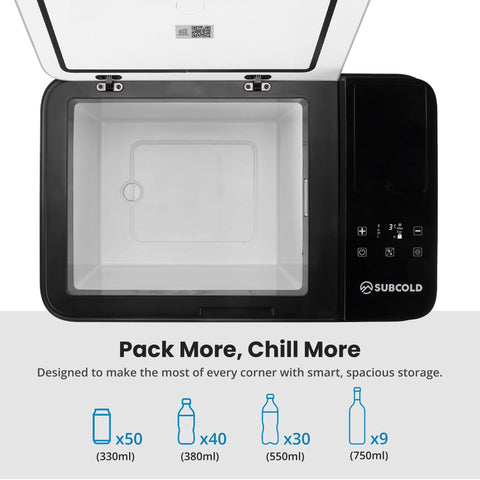 Black and white subcold roam30 portable car fridge with digital control panel for easy temperature settings