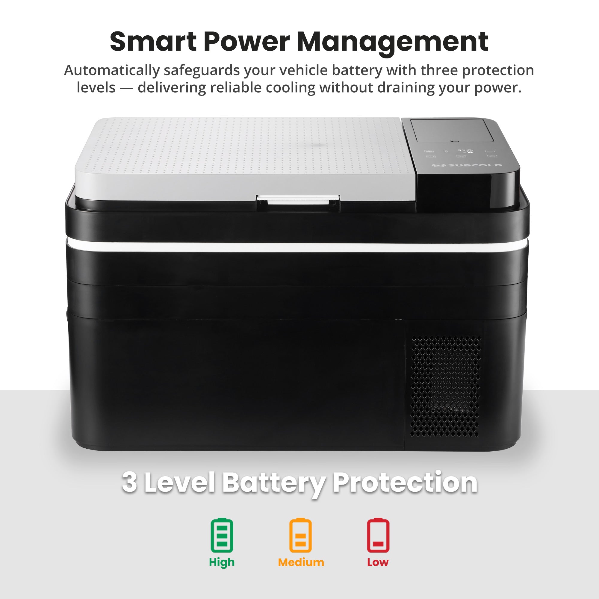 Black and white subcold roam30 portable car fridge with textured lid and digital control panel for easy use