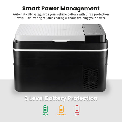 Black and white subcold roam30 portable car fridge with textured lid and digital control panel for easy use
