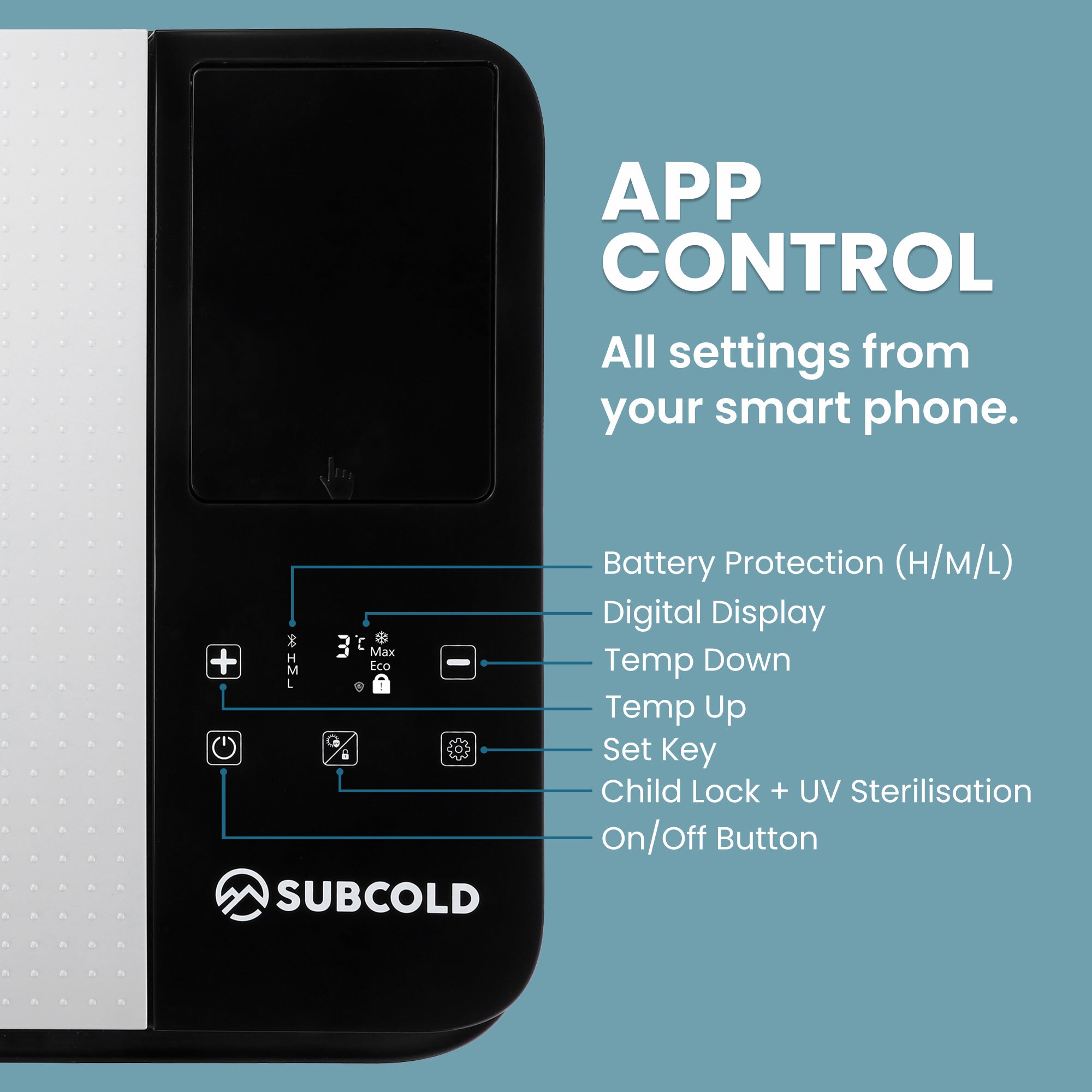 Black and white subcold roam30 portable car fridge control panel with digital touch buttons and app connectivity