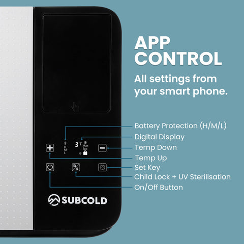 Black and white subcold roam30 portable car fridge control panel with digital touch buttons and app connectivity