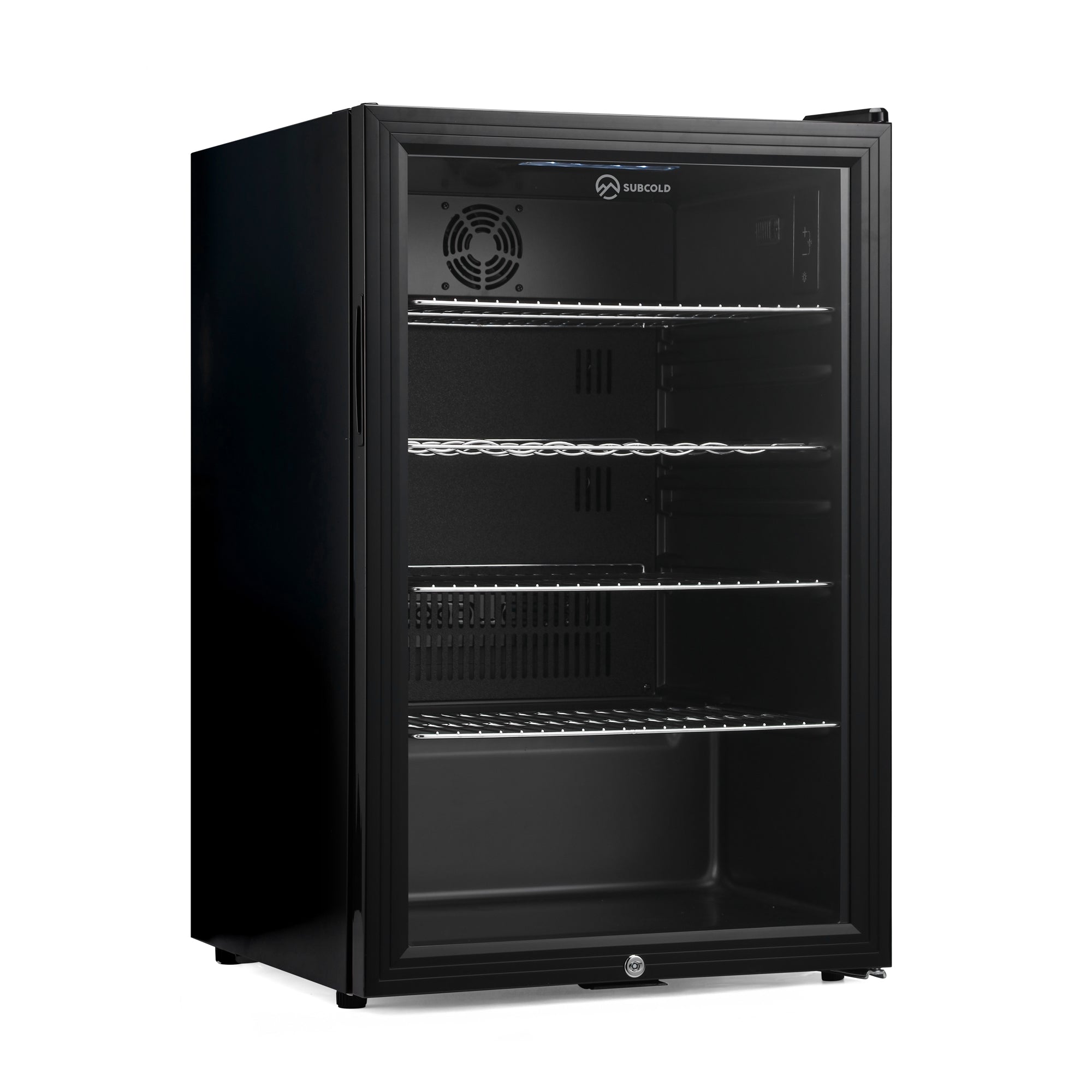 Black subcold super115 led beer fridge with glass door and wire shelves for chilled beverage storage