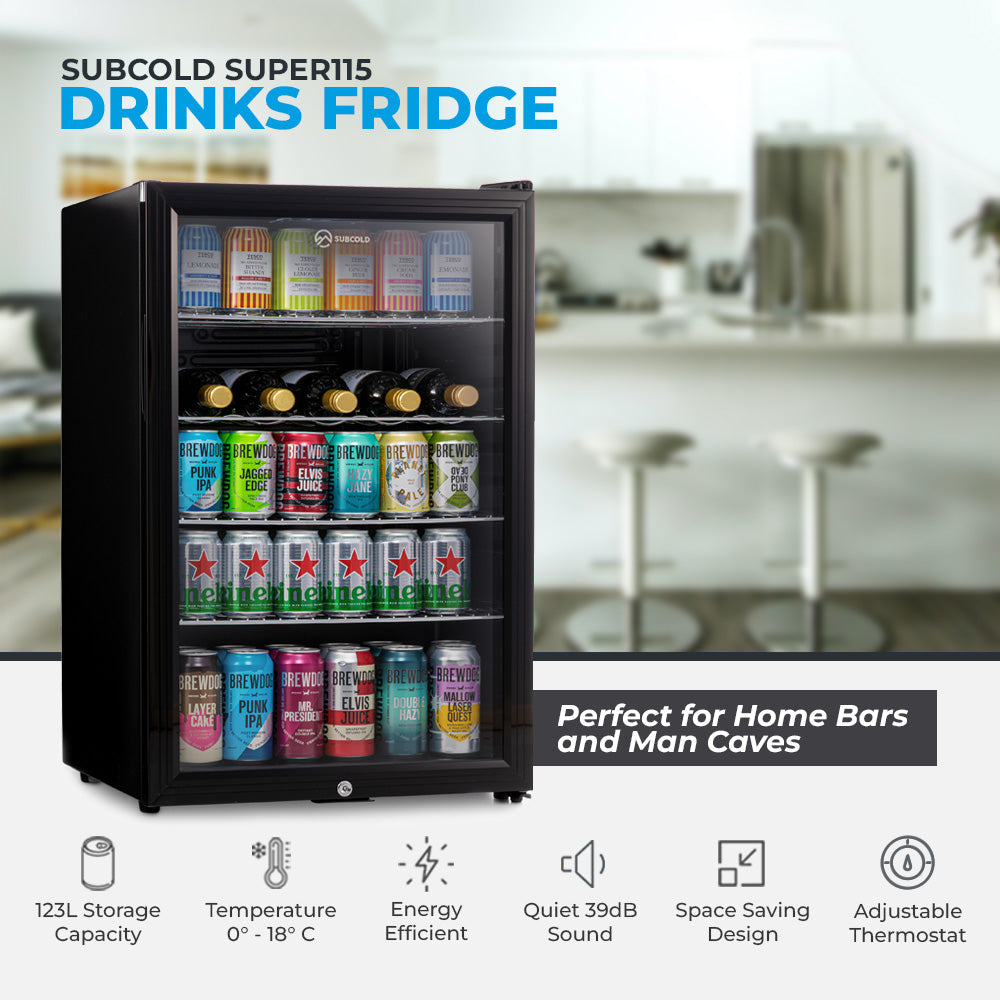 Black subcold super115 led beer fridge with glass door and shelves stocked with colorful cans and bottles