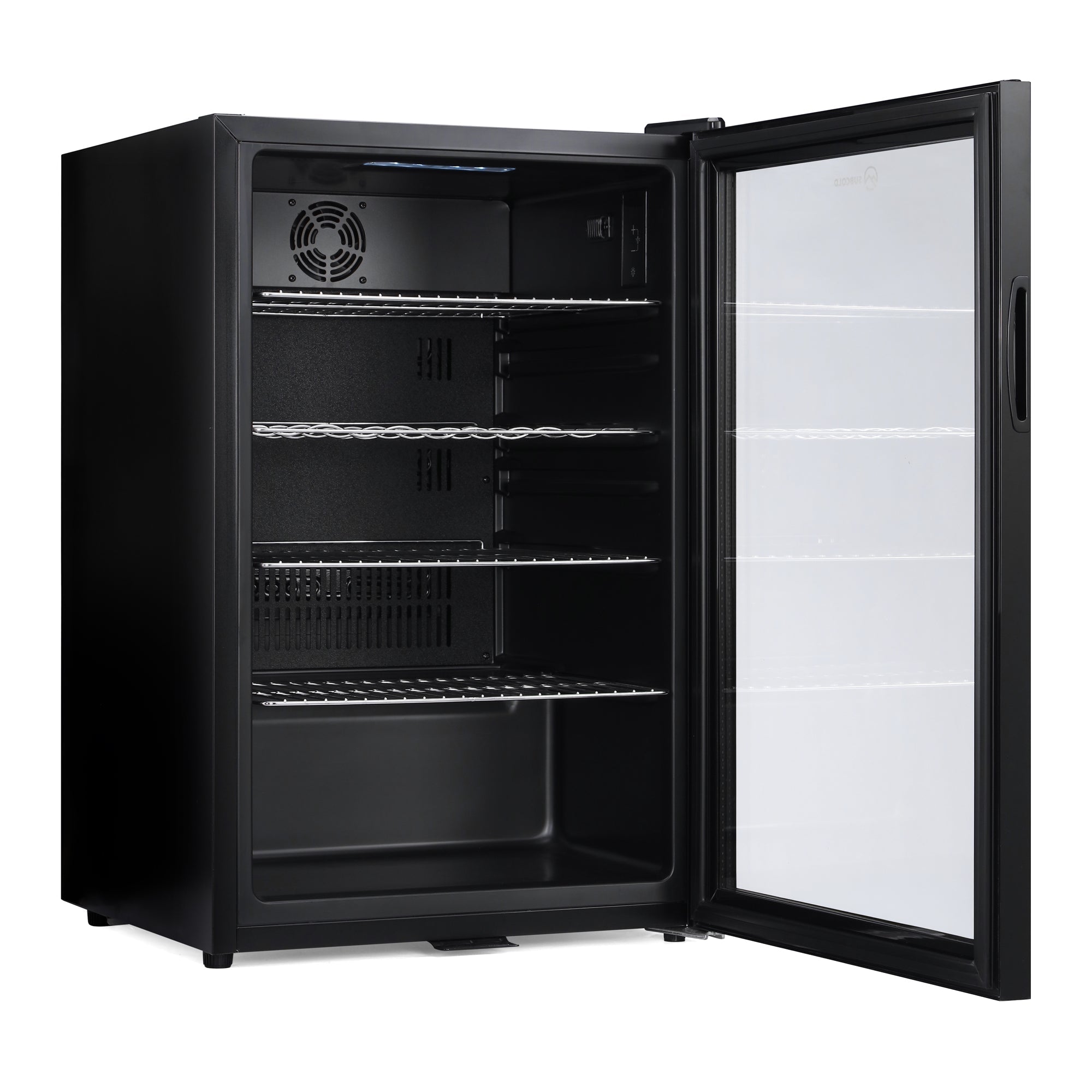 Subcold super black glass door led beer fridge with adjustable metal shelves and visible fan unit inside
