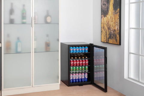 Black subcold super115 led beer fridge with glass door and shelves stocked with colorful sodas and wine bottles