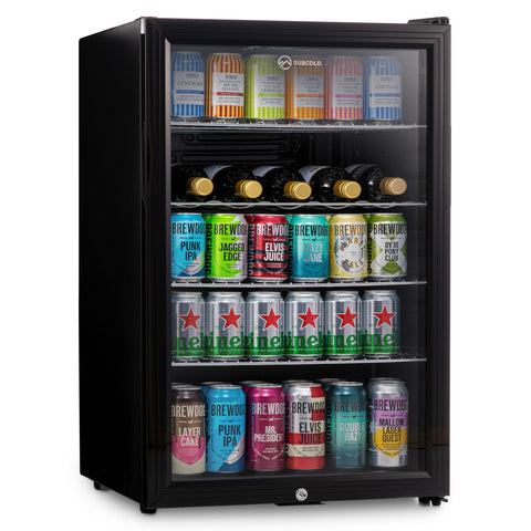 Black glass-door subcold super led beer fridge with sleek design and shelves stocked with colorful cans and bottles