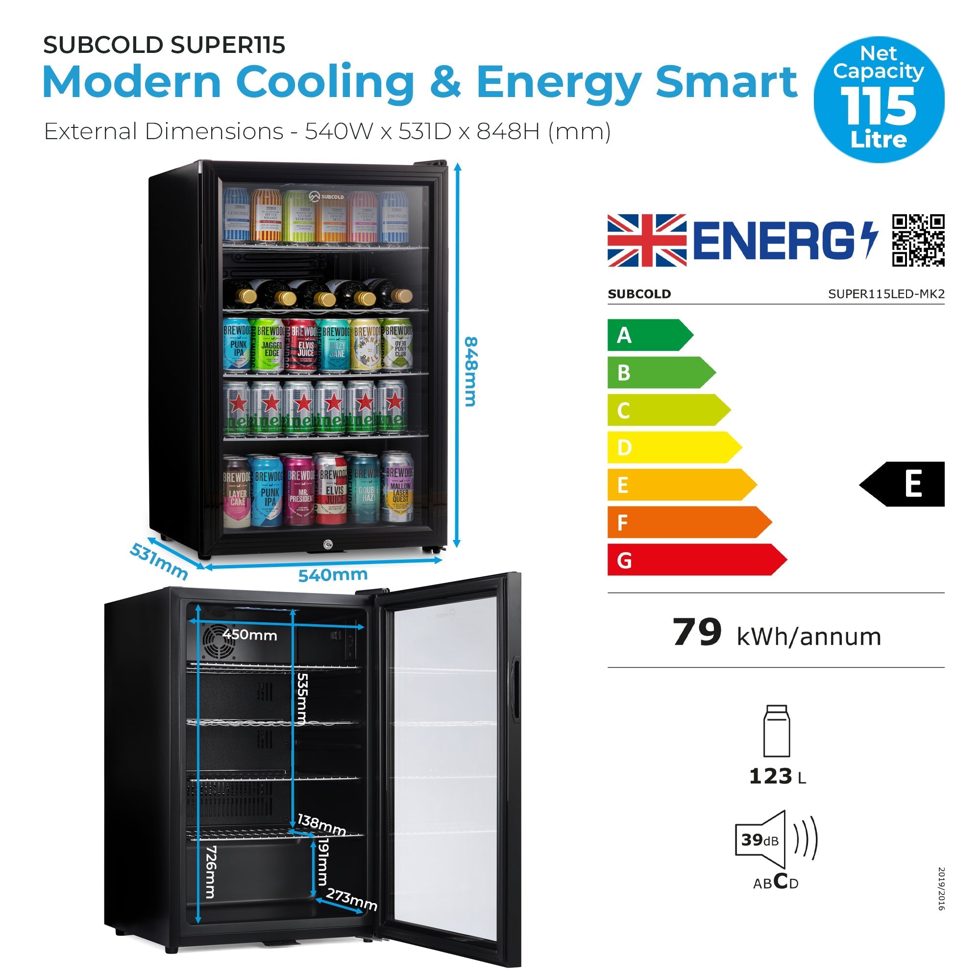 Black glass-door subcold super115 led beer fridge with silver trim and interior shelving for cold drinks storage