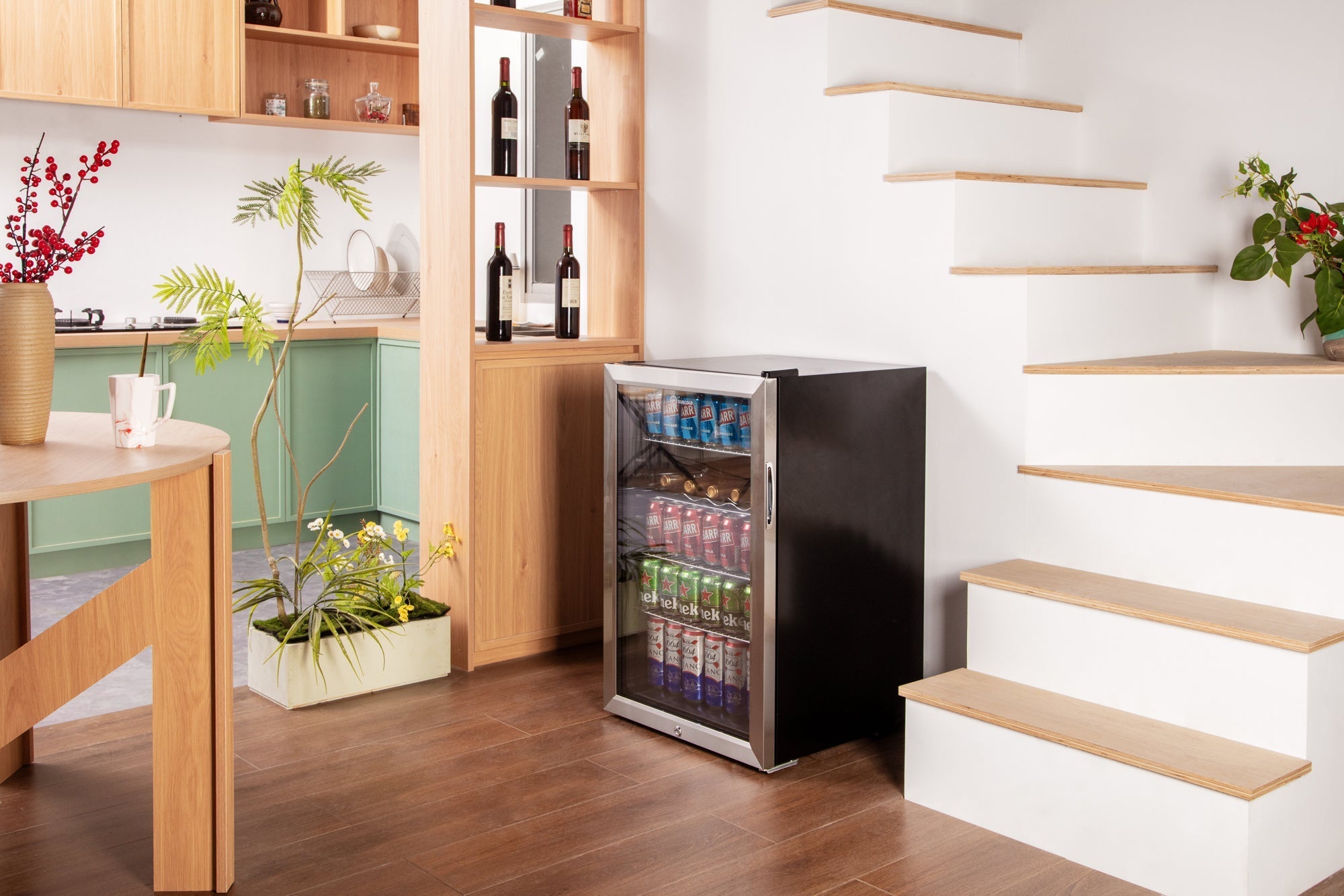 Black and stainless steel subcold super115 led beer fridge with glass door showing assorted canned drinks