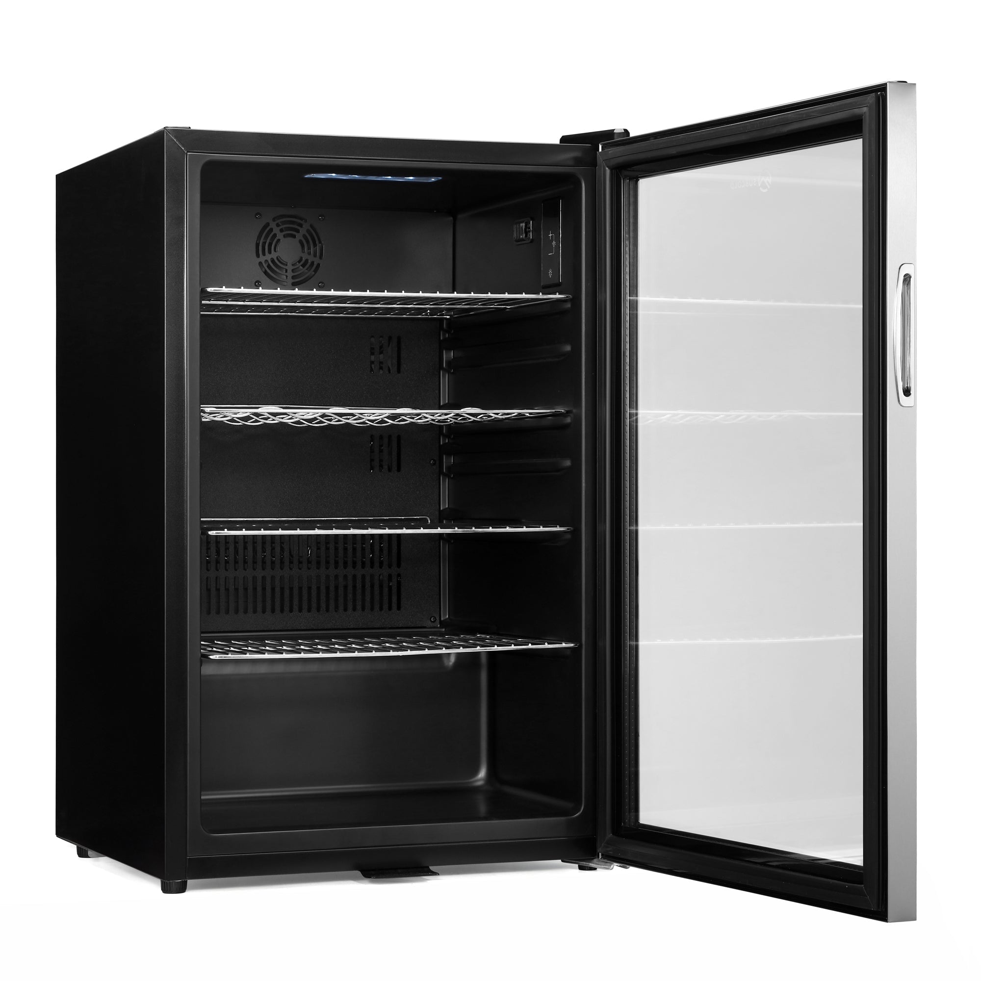 Black and stainless steel subcold super115 led beer fridge with glass door and four wire shelves for beverage cooling