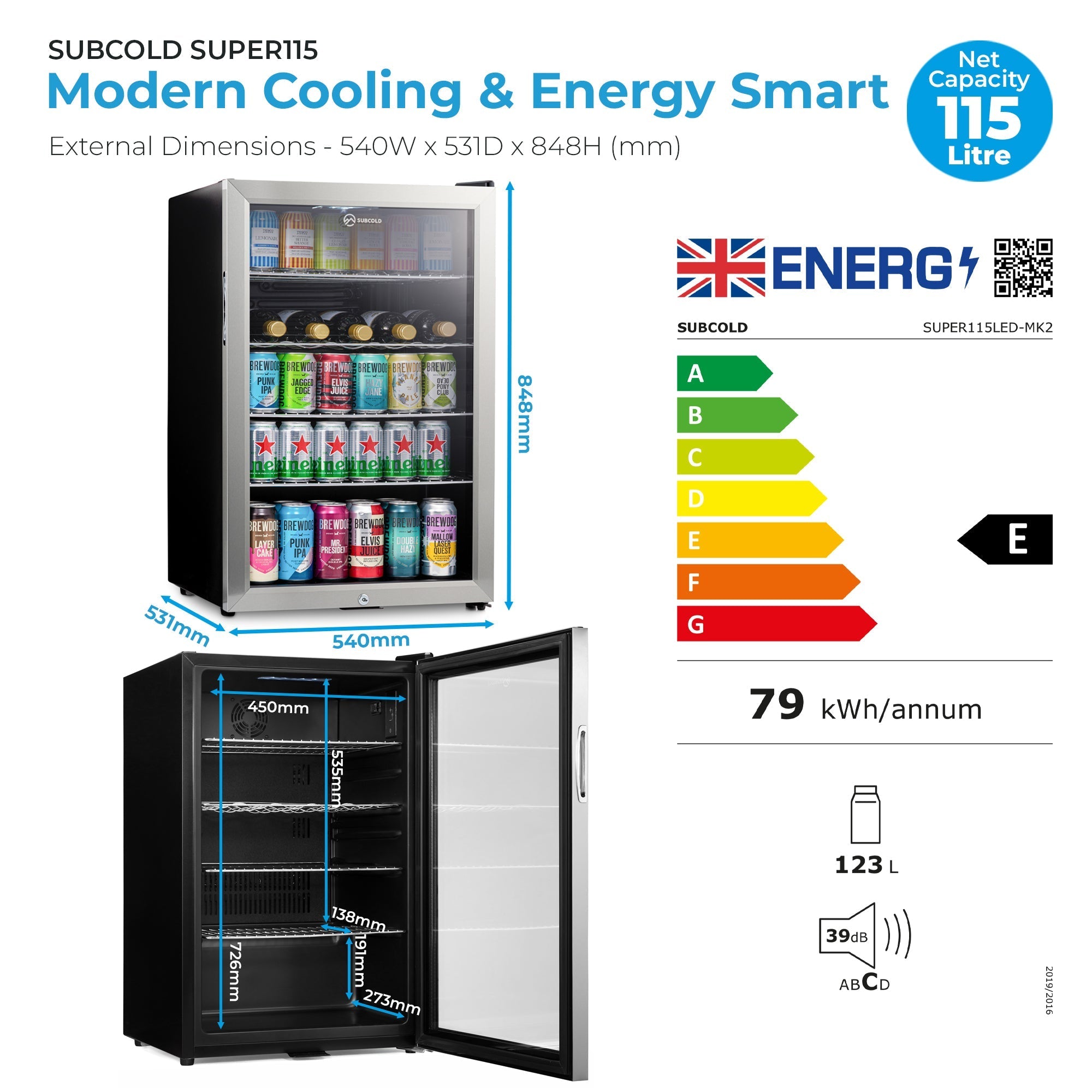Silver finished glass door subcold super115 led beer fridge with black base and interior shelves for beverages