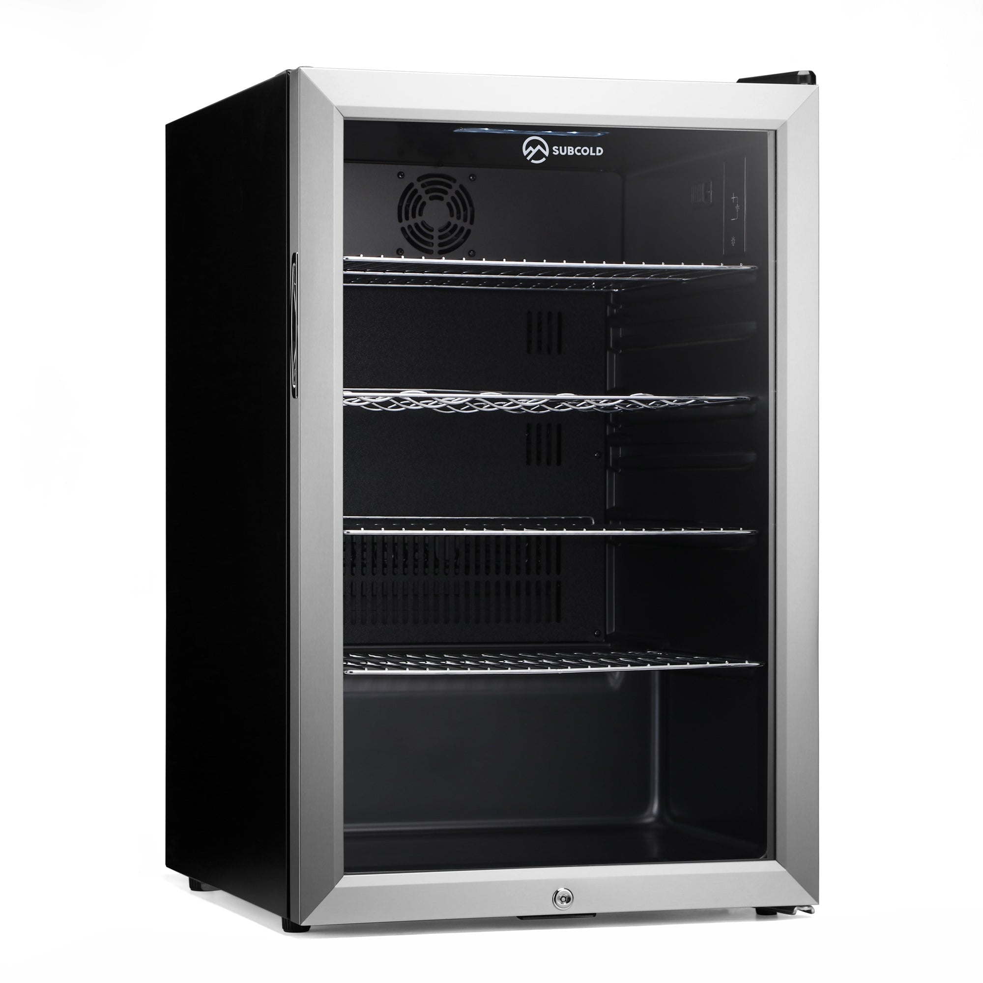 Silver-framed subcold super115 led beer fridge with black sides glass door and four wire shelves inside