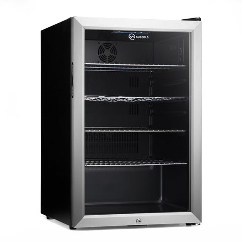 Silver-framed subcold super115 led beer fridge with black sides glass door and four wire shelves inside