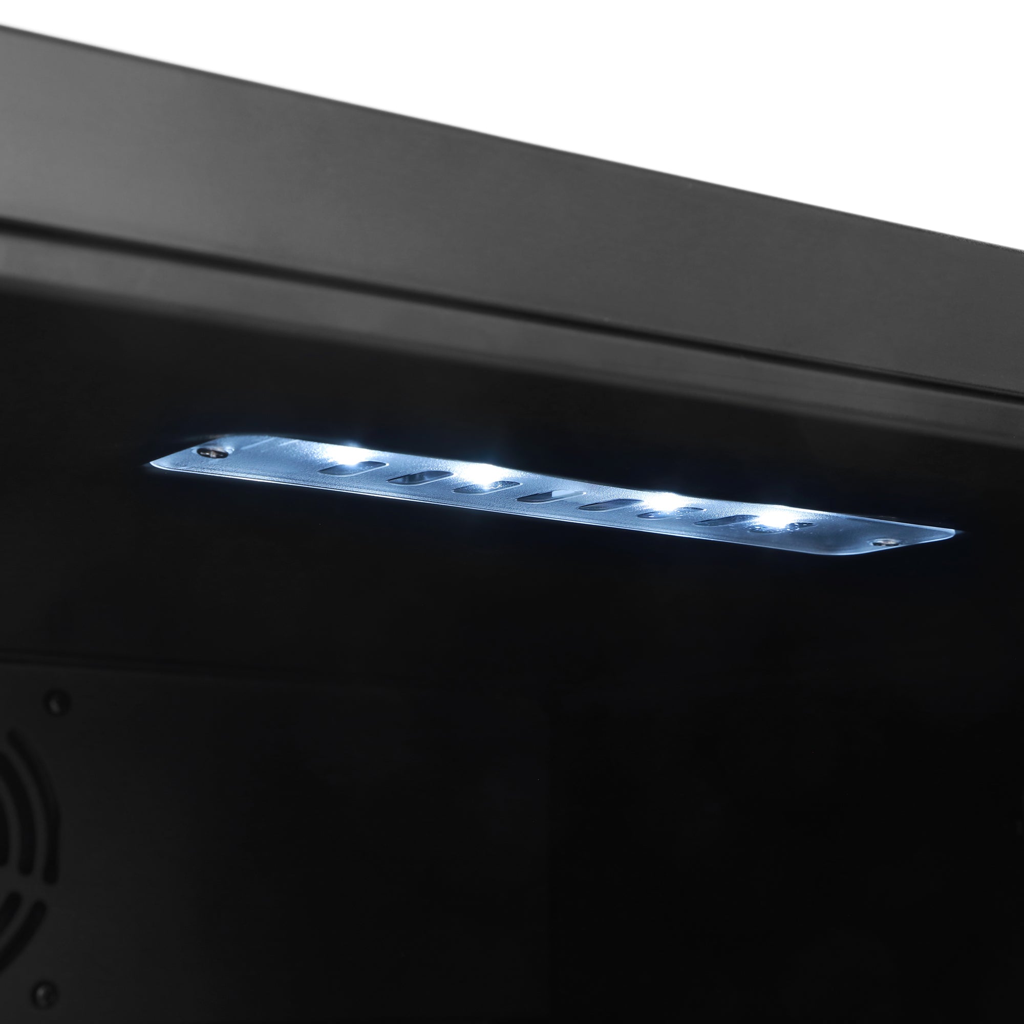 A sleek metallic led strip light with bright white bulbs in the subcold super115 led beer fridge for cool lighting