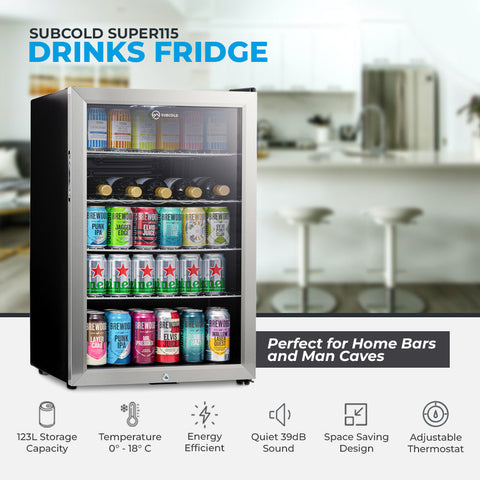 Stainless steel subcold super115 led beer fridge with glass door black sides stocked with colorful canned drinks
