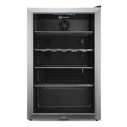 Stainless steel framed subcold super115 led beer fridge with black shelves and glass door for cold drinks