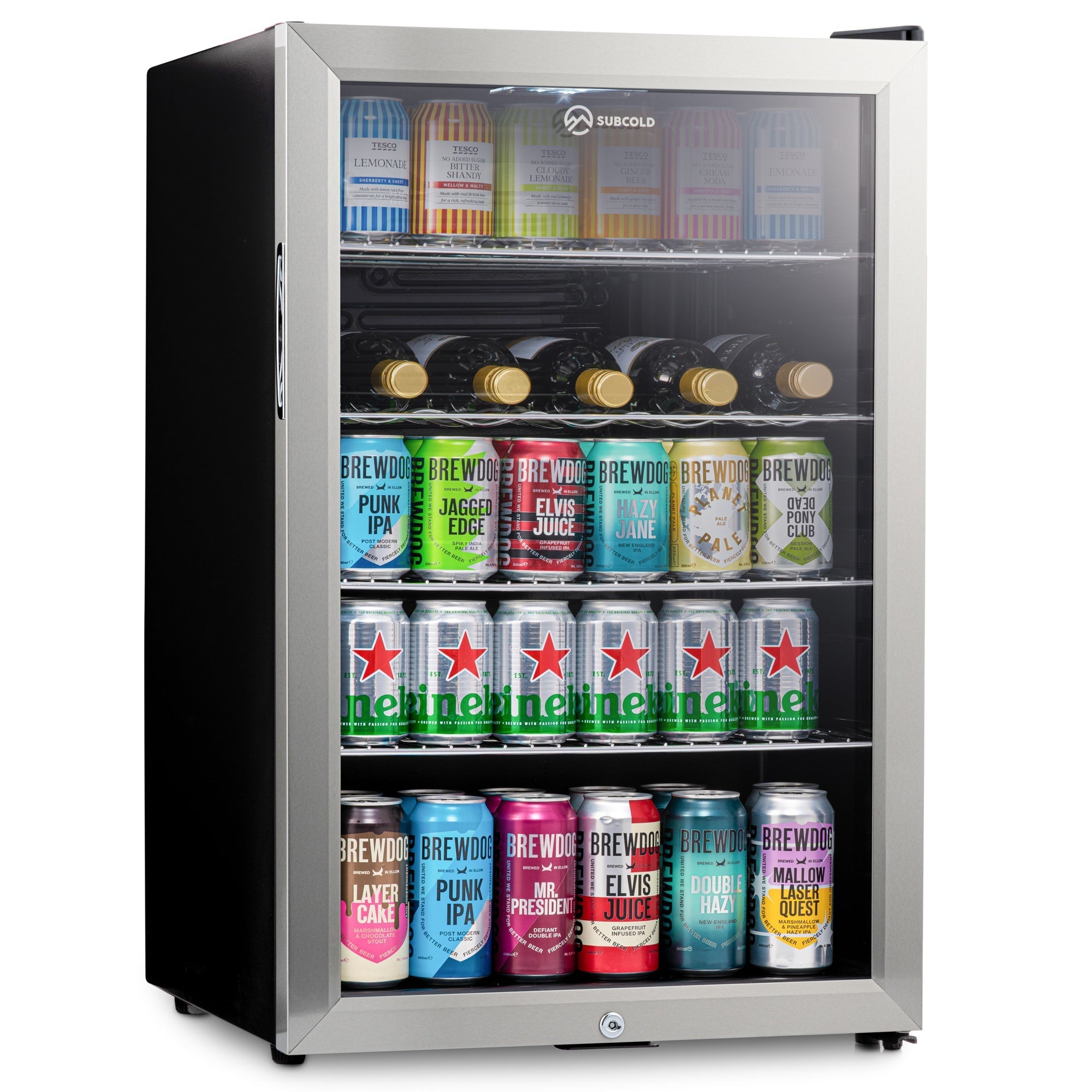 Silver-framed subcold super115 led beer fridge with glass door and black sides stocked with colorful cans and bottles