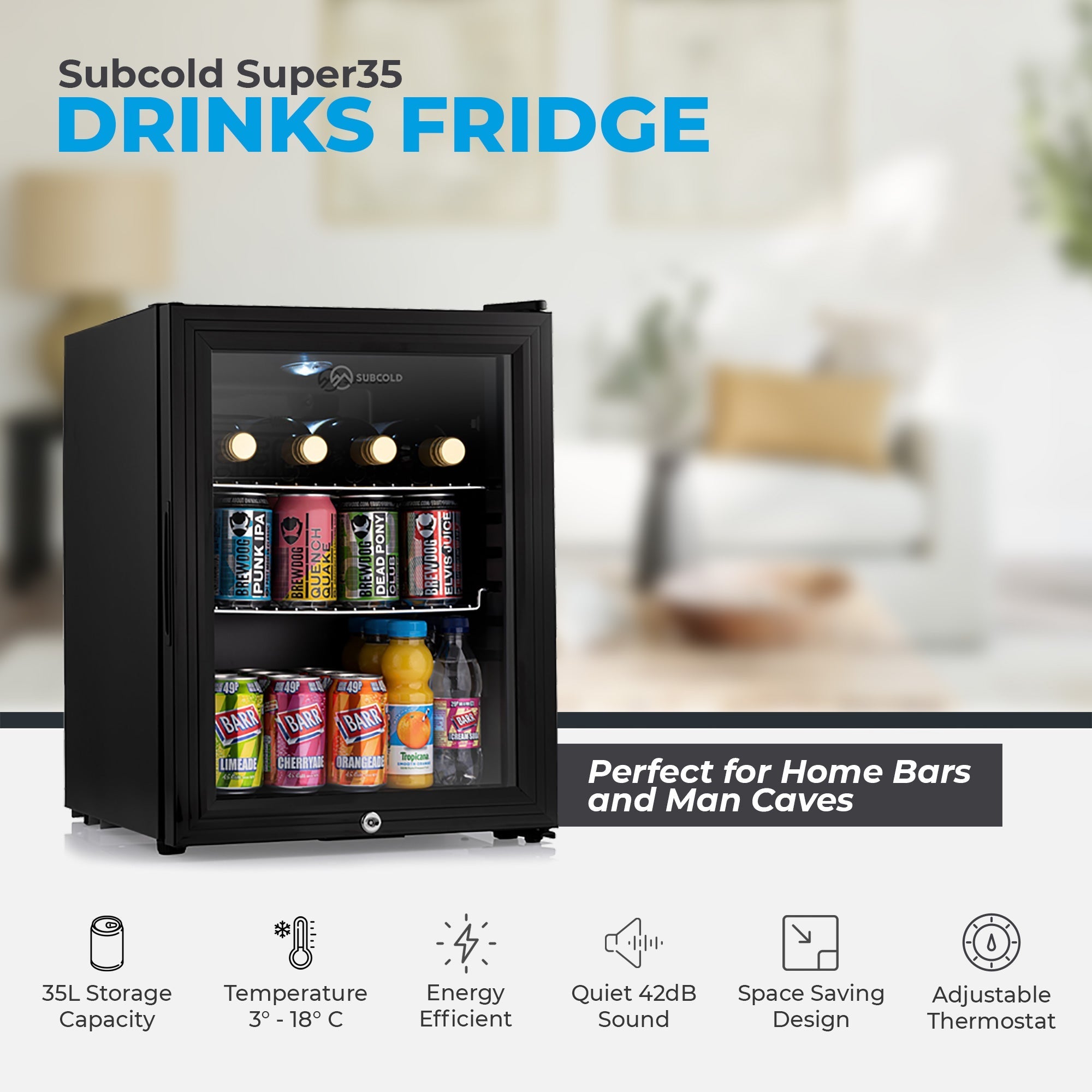 Black subcold super35 led beer fridge with glass door and shelves stocked with colorful canned drinks