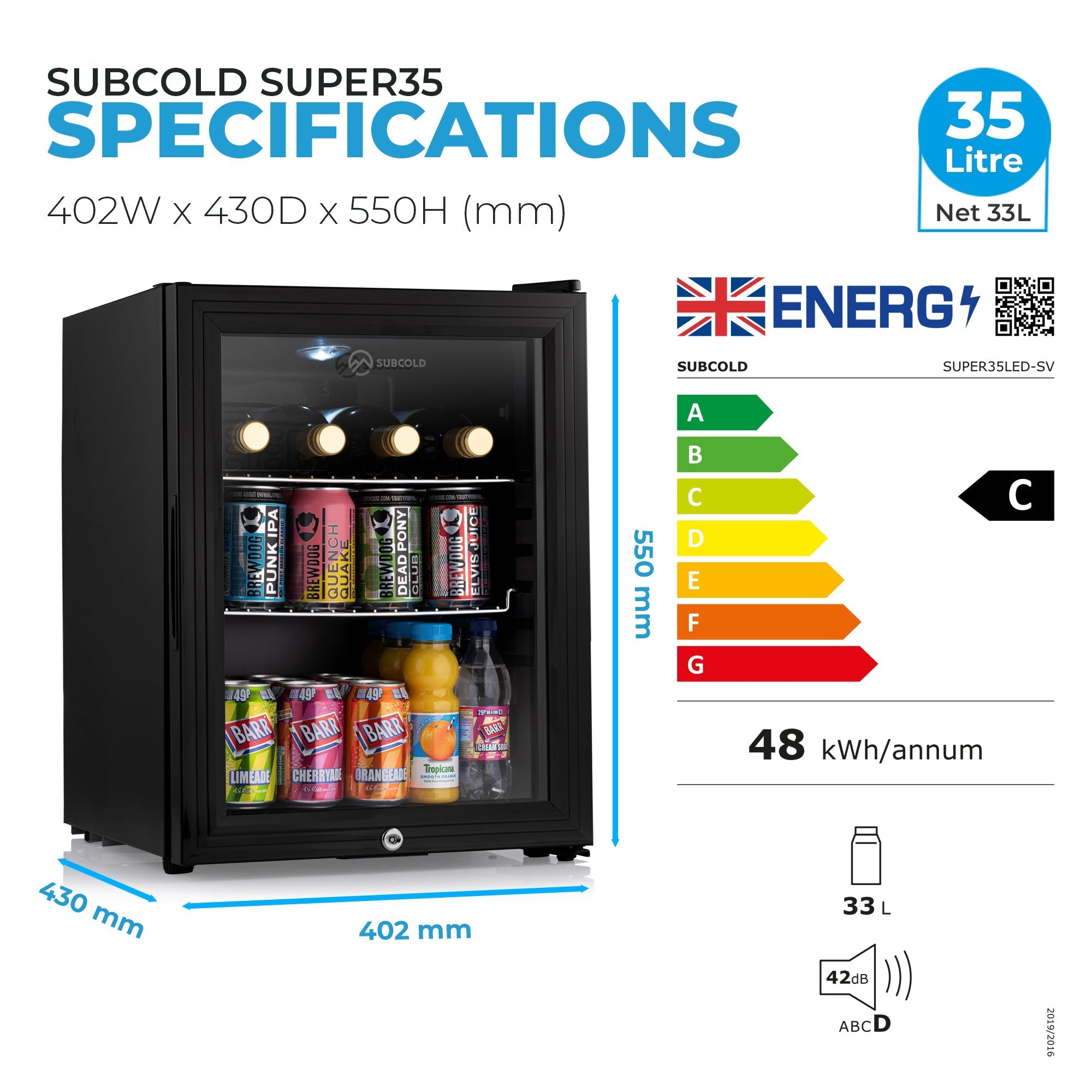 Black subcold super35 led beer fridge with glass door, interior lighting, and two shelves stocked with beverages