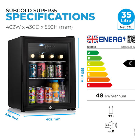 Black subcold super35 led beer fridge with glass door, interior lighting, and two shelves stocked with beverages