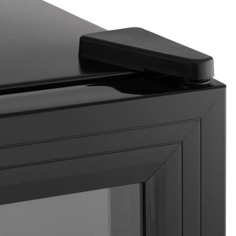 Black plastic hinge on a modern glass door of the subcold super35 led beer fridge cabinet
