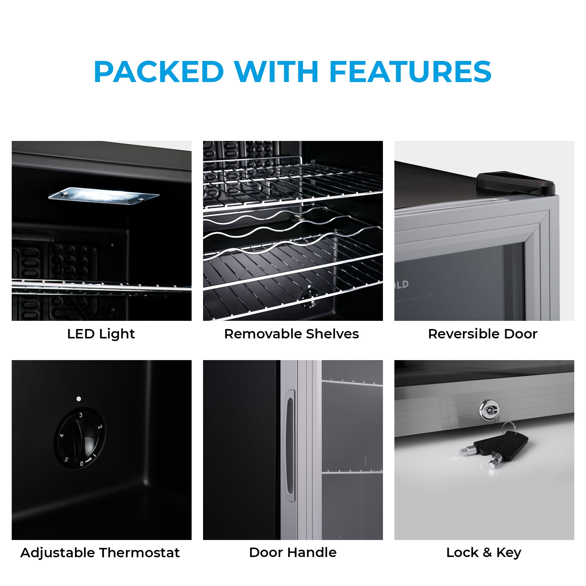 Black and silver Subcold Super35 led beer fridge with glass door, adjustable thermostat, lock, and removable shelves