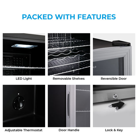 Black and silver Subcold Super35 led beer fridge with glass door, adjustable thermostat, lock, and removable shelves