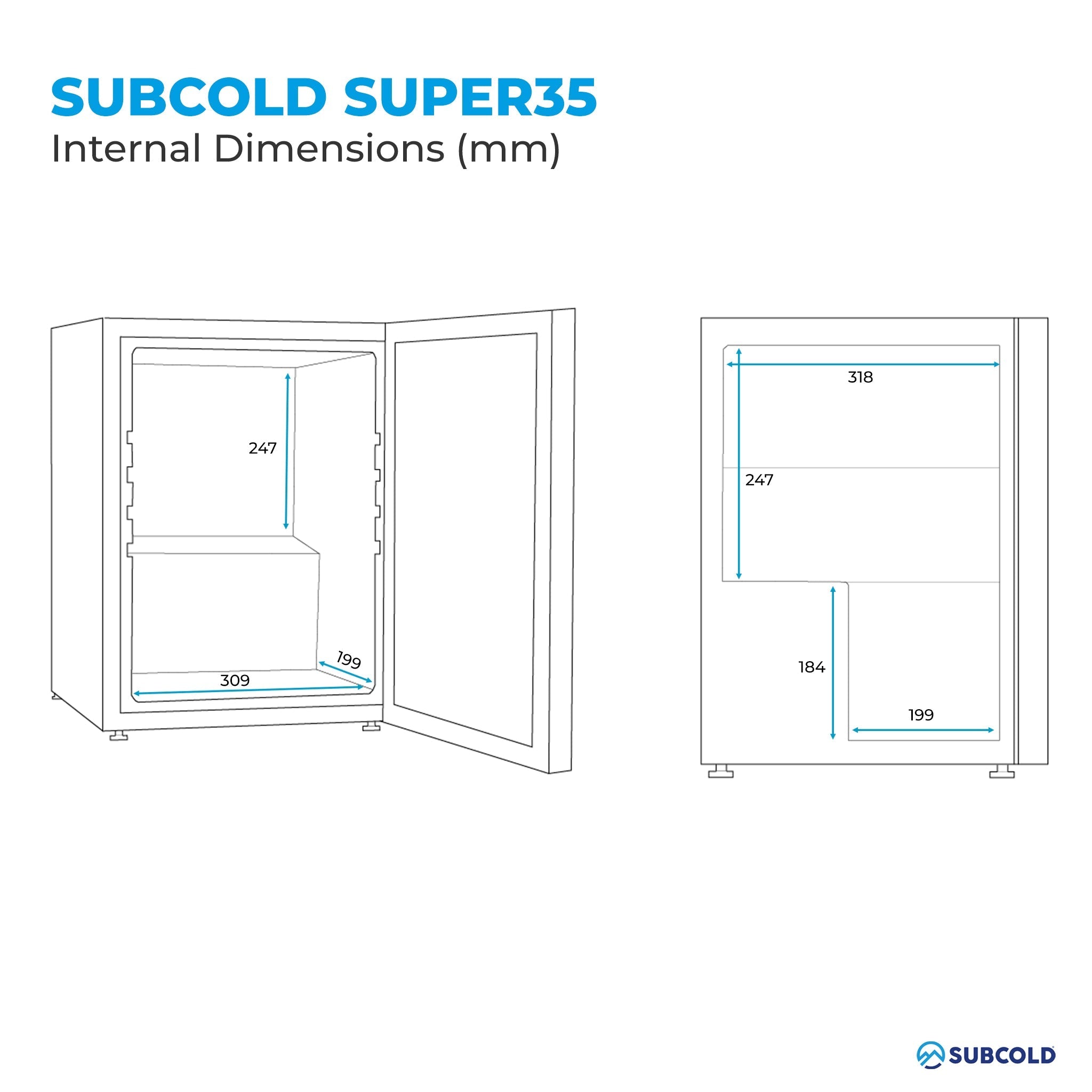Subcold super35 led beer fridge with glass door showing internal refrigerator dimensions in millimeters