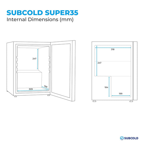 Subcold super35 led beer fridge with glass door showing internal dimensions in millimeters for beer storage