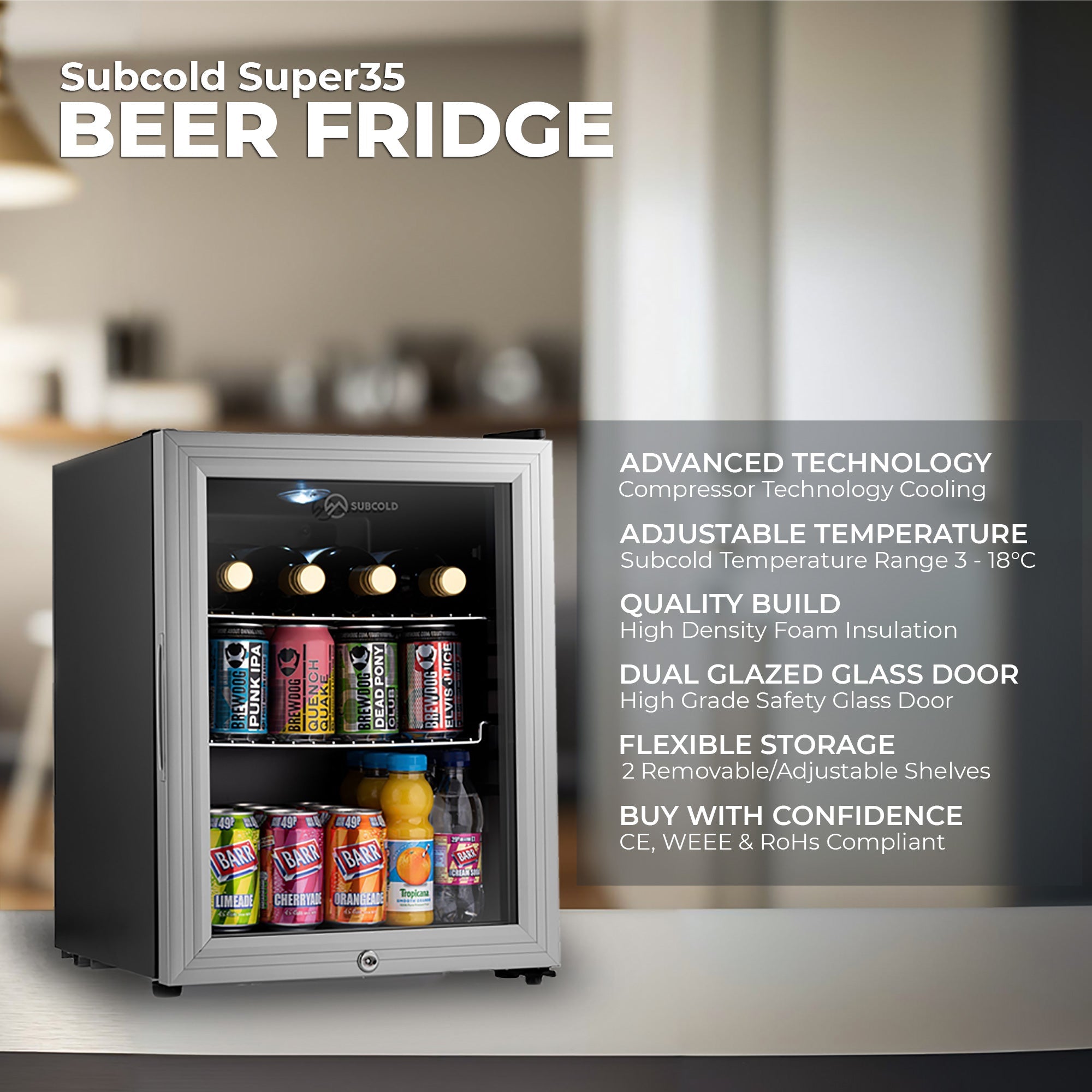 Silver-framed subcold super led beer fridge with black exterior glass door and adjustable shelves for cans and bottles