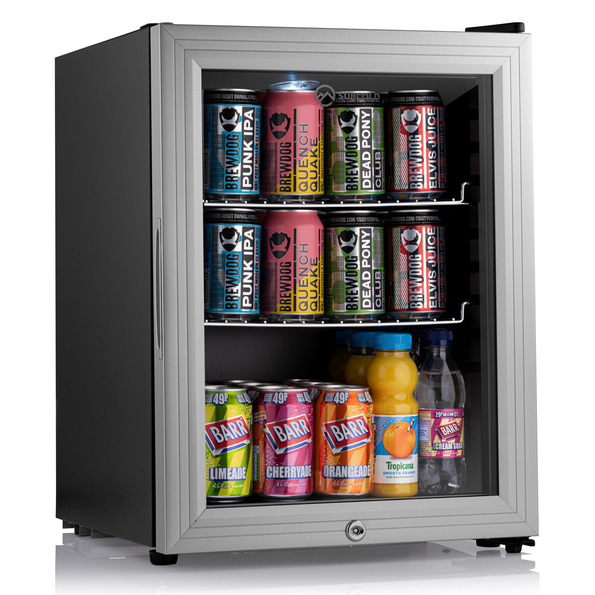 Silver-framed subcold super led beer fridge with glass door stocked with colorful beer cans and bottled drinks