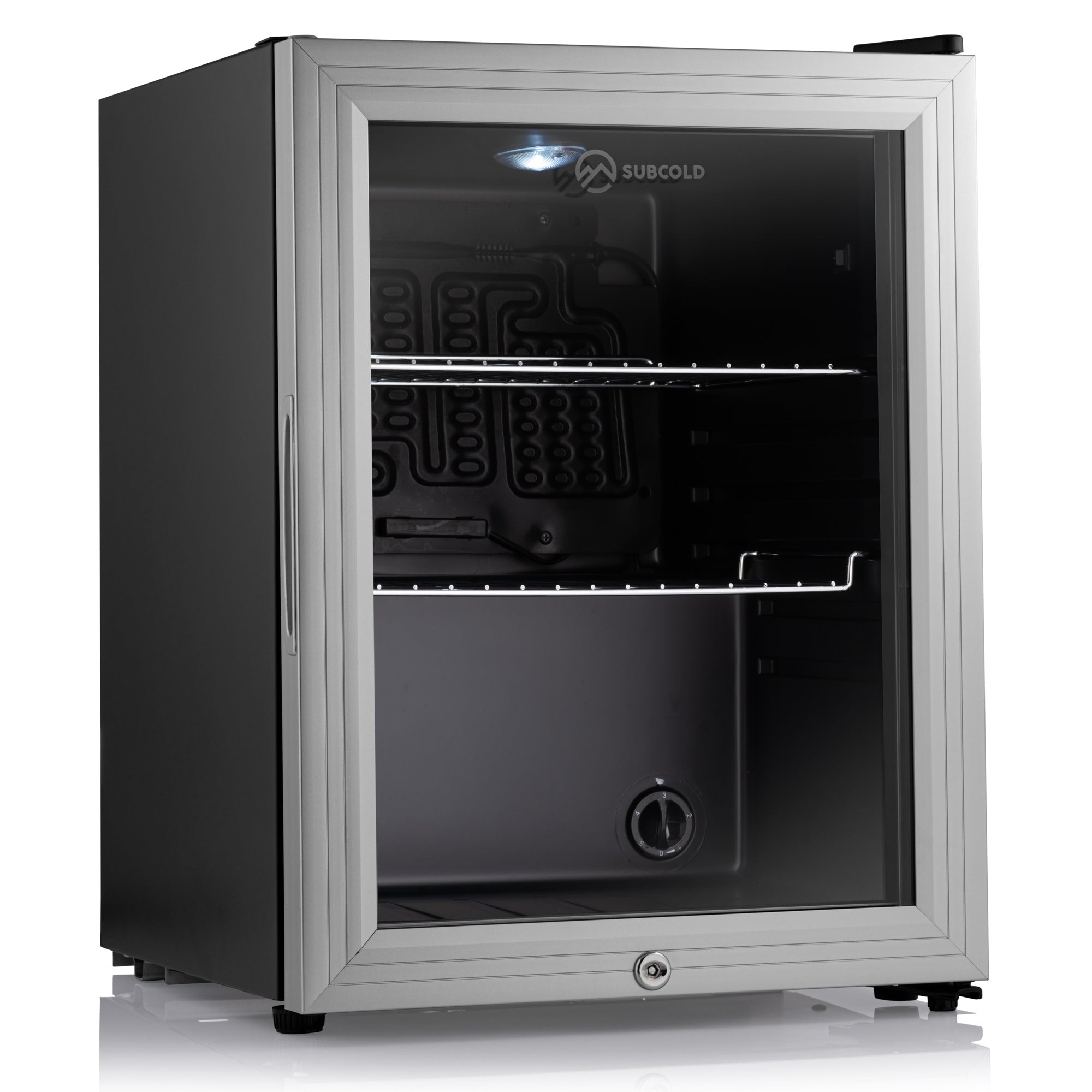Silver-framed subcold super35 led beer fridge with black glass door and two wire shelves inside for beverages