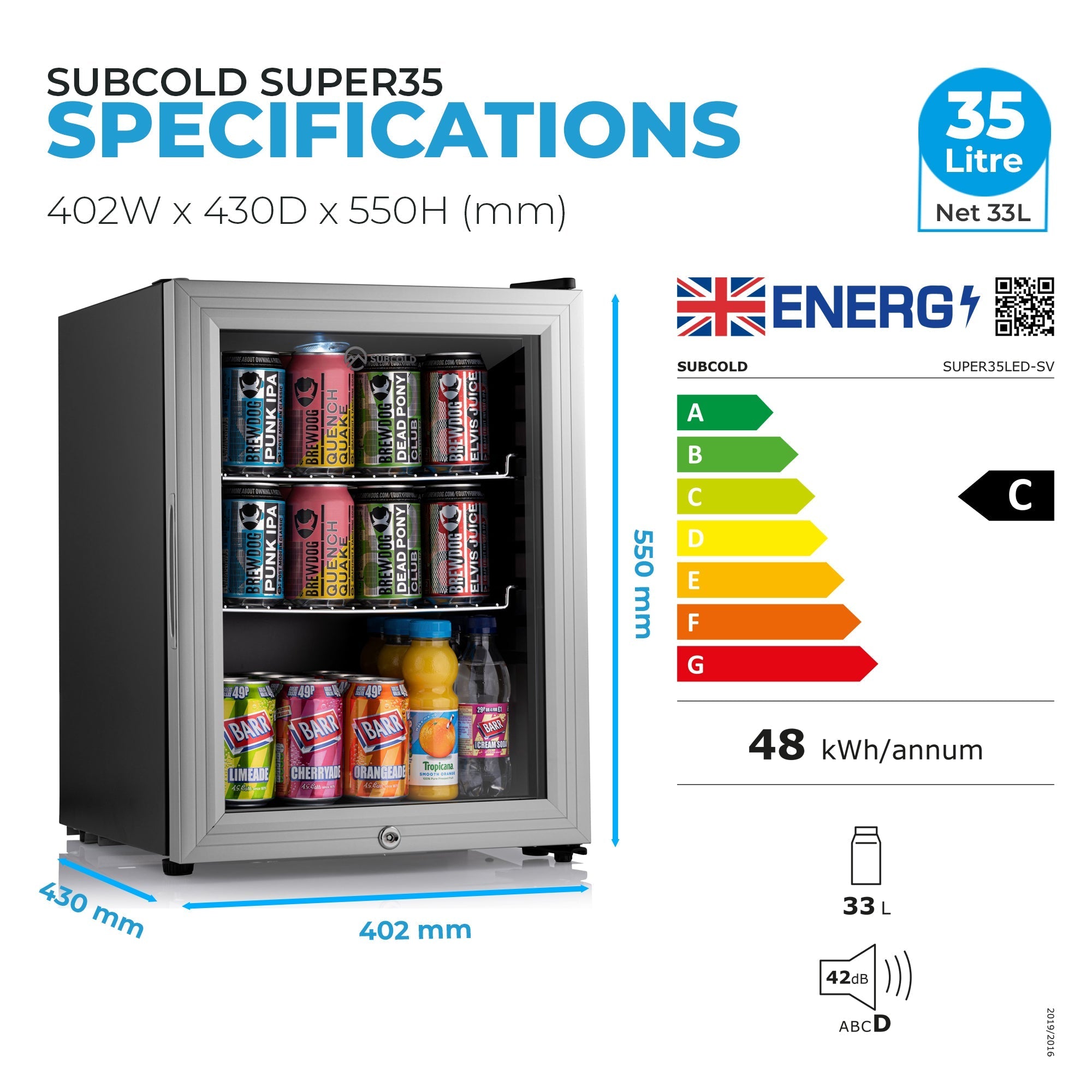 Silver-framed subcold super35 led beer fridge with glass door and black body showing colorful beverages inside