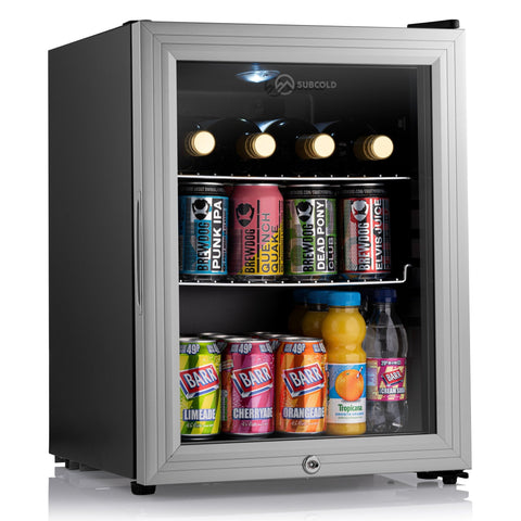 Silver-framed subcold super35 led beer fridge with glass door and black sides showing colorful drinks on shelves