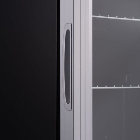 Silver metallic handle with sleek rectangular design on subcold super35 led beer fridge glass door cabinet