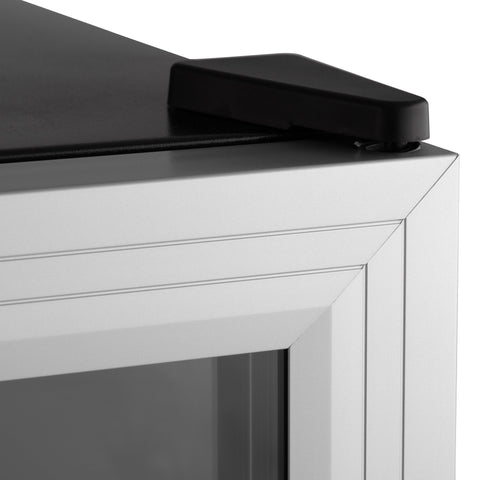 White subcold super35 led beer fridge with black lid and handle and a glass door for easy drink display