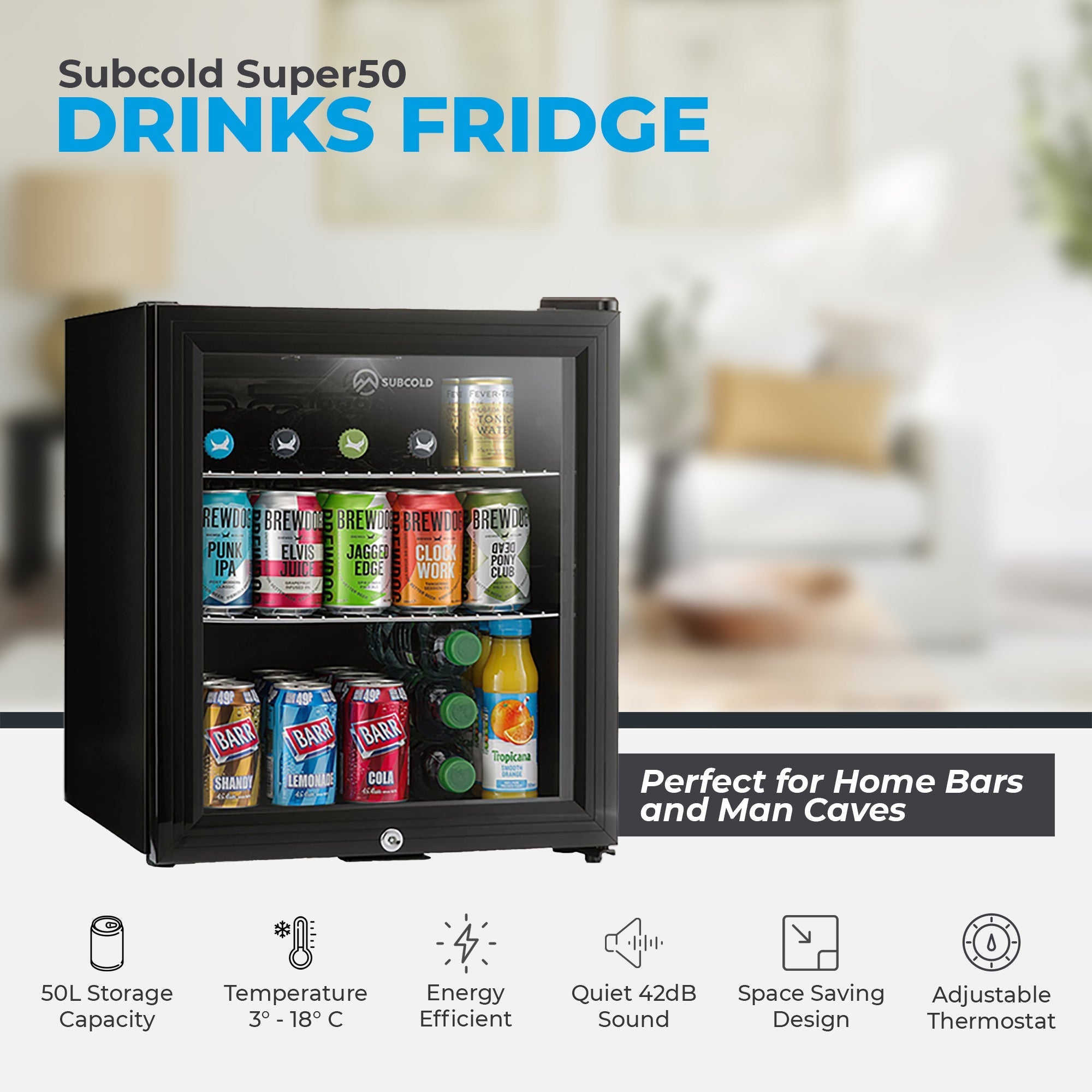 Black subcold super50 drinks fridge with glass door and shelves stocked with colorful canned beverages for beer fridge use