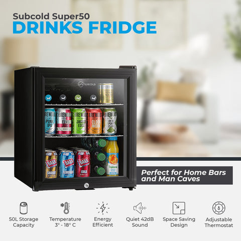Black subcold super50 drinks fridge with glass door and shelves stocked with colorful canned beverages for beer fridge use
